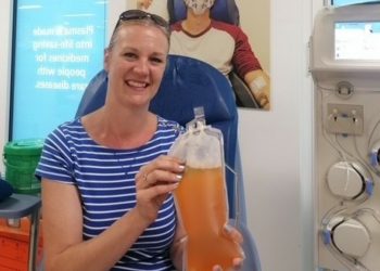 Barbara Taylor with some of the plasma she has donated, which helps her husband Scott manage his health condition