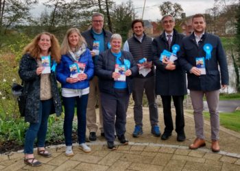 Conservatives Alison Swaddle, Rebecca Margetts, Phil Cunnington, Pauline Jorgensen, Johnny Mercy MP, Sir John Redwood MP and George Evans, candidate for Barkham ward Picture: Local Democracy Reporting Service