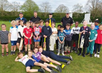Peter Dean, Rob Dewey, Louis Dean and Richard Saunders helped lead coaching sessions for young cricketers in Hurst Picture: Sue Corcoran