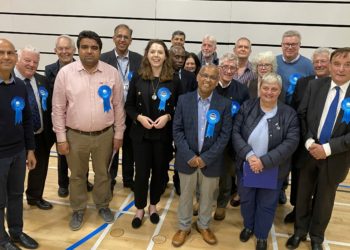 Wokingham Conservatives following the count. Pictured foruth from left are Cllr Laura Blumenthal, Cllr Abdul Loyes, Cllr Pauline Jorgensen and Cllr Michael Firmager Picture: Phil Creighton