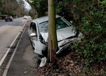 A car crahsed into a telegraph pole to avoid colliding with stopped cars on March 28, 2023. Picture: Gareth Rees