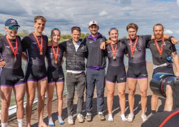 Left to right: Josh Lyon, Jacob Parrington, Ellie Cook, Chris Bartley, Simon Williamson, Finnola Straton, Sol Hewitt and Lewis Powell, at the BUCS Championships. Picture: University of Reading