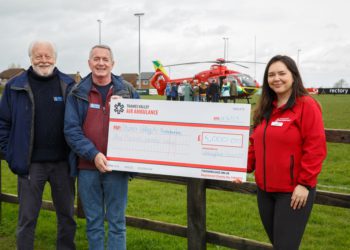 Wokingham Lions present a cheque to Thames Valley Air Ambulance for £5,000, raised from its share of the Wokingham Fireworks proceeds Picture: Mark Lord Photography
