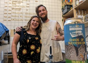 Elusive Brewing's managing director, Ruth Mitchell, with Kane Preston from The Grumpy Goat at the launch party on Friday, June 9. Picture: Jake Clothier