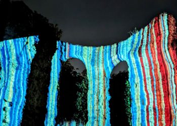 The Abbey Ruins were illuminated with the university's climate stripes. Picture: University of Reading