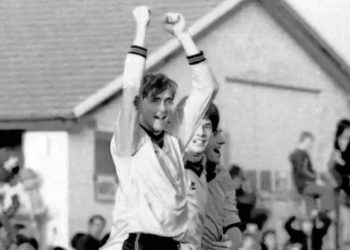 Terry Brown clebrates during Wokingham Town's FA Cup tie in November 1982.