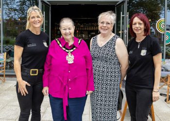 Susannah Stewart (owner), Borough Mayor Cllr Beth Rowland, Karen Machin and Caroline Catawiec (team leader).