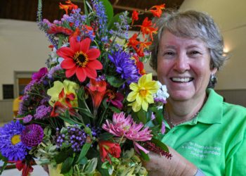 Hurst Horticultural Show, Sheila Whittaker with her prizewinning entry in the "Riot in Colour" class..