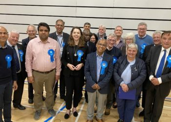 Wokingham Conservatives following the count. Pictured foruth from left are Cllr Laura Blumenthal, Cllr Abdul Loyes, Cllr Pauline Jorgensen and Cllr Michael Firmager Picture: Phil Creighton