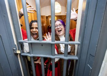 Town mayor Sally Gurney and mini mayor Leah had fun exploring the old prison. PIC BY STEWART TURKINGTON
 www.stphotos.co.uk