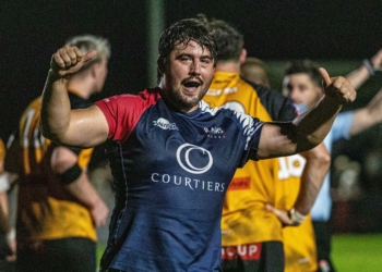 James Baker celebrates after Rams score a penalty try