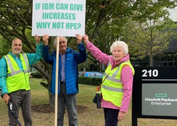 Pensioners angry that their pensions have not risen in 20 years marched to Hewlett Packard Enterprise headquarters. Picture: Emma Merchant