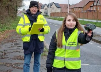 Cllr Rachel Burgess and volunteers running a recent Speedwatch session on Bell Foundry Lane