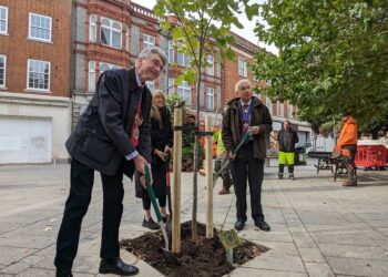Cllrs Tony Page and Karen Rowland and Lord-Lieutenant Mr James Puxley laid soil on the tree to complete the planting ceremony. Picture: Jake Clothier