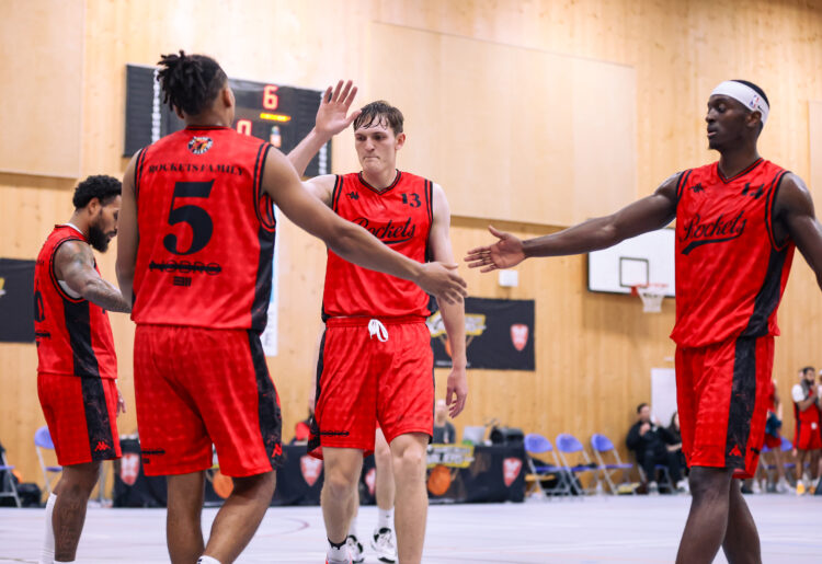 Reis Pinnock of Reading Rockets, Finleigh Porter of Reading Rockets and Zack Powell of Reading Rockets. Thames Valley Cavaliers VS Reading Rockets in NBL action.