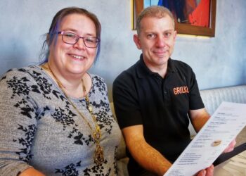 Cllr Sally Gurney, town mayor, with Grilko owner Imad Mobayed.