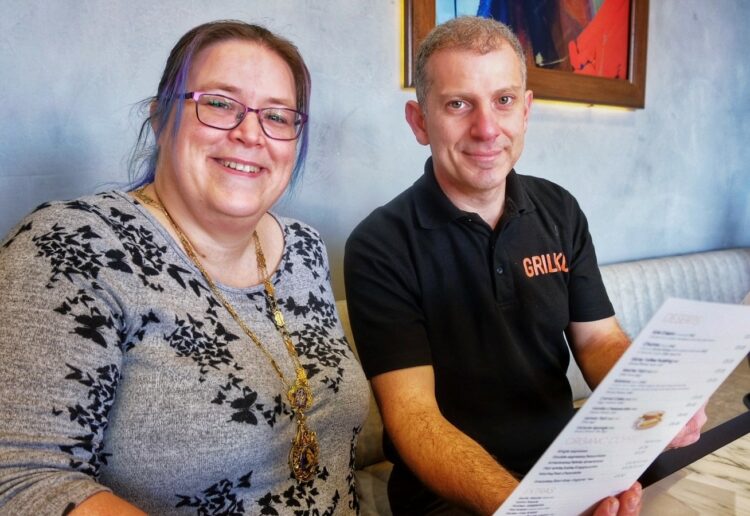 Cllr Sally Gurney, town mayor, with Grilko owner Imad Mobayed.