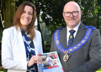Alexandra Simpson, Chief Executive Officer of Berkshire Women?s Aid Charity with Gerry Preston, Assistant Provincial Grand Master of Berkshire Freemasons