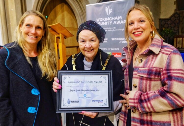 Sarah O'Neill (left) and Rachel Walker (right) collected the Community Project of the Year award from Mayor for Wokingham Cllr Beth Rowland at the first Wokingham Community Awards. Picture: Andrew Batt