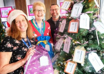 Kindness Tree at David Cliff Estate Agents. Lorriane Irwin, volunteer coordinator for The Link, with Liz McDaniel from The Link Visiting Scheme, and David Cliff.