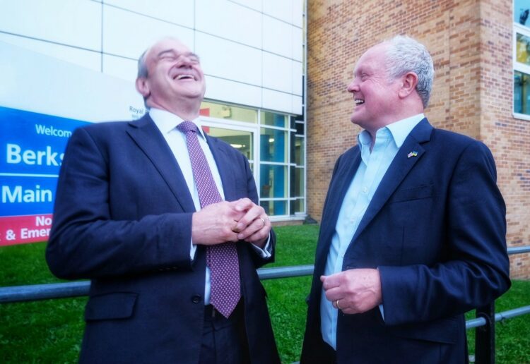 Sir Ed Davey with Clive Jones outside the Royal Berkshire Hospital last week. Pic: Andrew Batt.