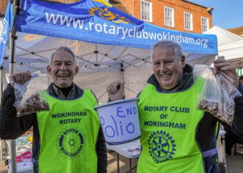 Wokingham Rotary Club members, Nick Campbell-White (President) and Gregor Johnston selling Crocus Bulbs in the Market Place on Saturday Picture: Steve Smyth