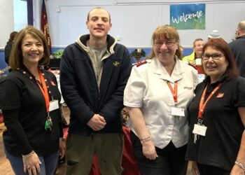 Left to right, volunteer support worker Christina Marinomi, artist Aaron, Corps Officer Captain Jan Howlin, and community centre manager Marina Brain, were delighted to welcome visitors to the first Cafe Refresh Exhibition of Talents. PIcture: Emma Merchant.