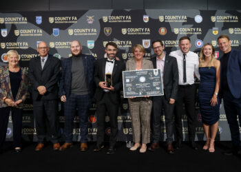 Pictured at the Awards are Sue Hough MBE, John Horsley BBFA director, BBFA staff Hans Cook, Rod Noble, Liz Verrall, Alastair Kay, Richard Brant, Kelly Sutton and Teddy Sheringham. Credit: Getty Images / Berks & Bucks FA.