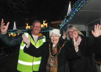 The Winnersh Christmas lights switch-On..David Green (Winnersh Parish Council chairman), the Mayor of Wokingham Borough, Cllr. Beth Rowland, and Marcia Milsom (parish clerk).