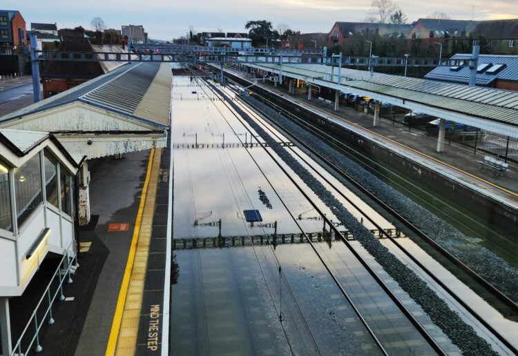 Great Western Railway services are affected by flooding. Tracks at Newbury are underwater