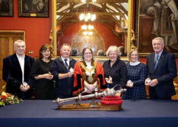 Pictured left to right are award recipients are: Roger Ford, Jane Scholey, Alan Jeffries, (Town Mayor), Mary Paul, Pauline MacBrayne, and Andy Goffin. pic: Stewart Turkington.