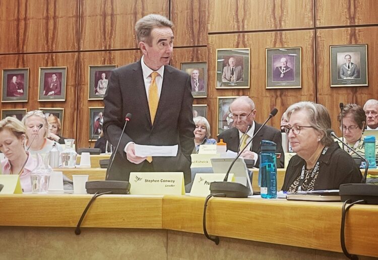 Cllr Stephen Conway, leader of Wokingham Borough Council, speaking in the council chamber