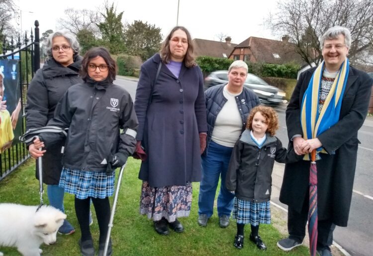 Pic: Parents, pupils and staff at Crosfields School with and councillor Pauline Jorgensen (third from right. Credit: LDRS.