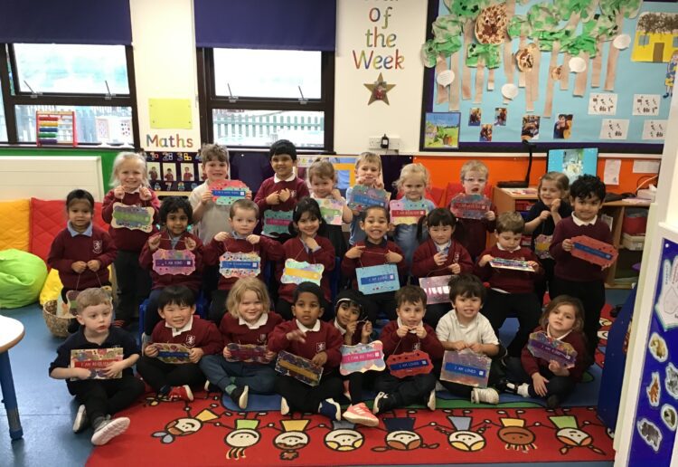 Children in Robin class, aged three and four display their affirmation boards, funded for all the children in the school by the PTA, for their wellbeing week.