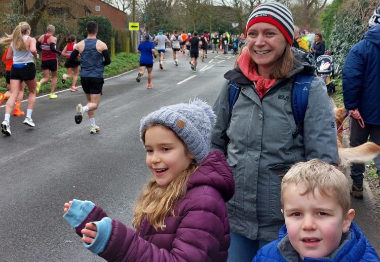 Mum Katherine Heaton, with children Naomi, nine, and James, six, at Hinton Road, Hurst to cheer on dad, Kenny, who got a personal best time