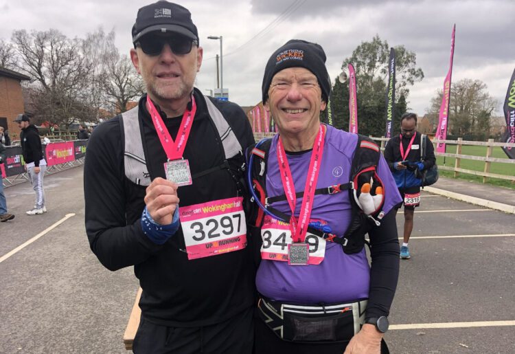 Trainer Stuart Ratcliff and Dr Steve Tanner, 70, ran the Wokingham half marathon, a first for Dr Tanner. Picture: Anne Reece