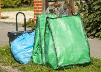 A food waste caddy, blue waste bag and green recycling bag from Wokingham Borough Council. Credit: Winnersh Parish Council/ Stewart Turkington.