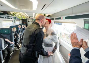Leah Anderson, 38, and Vince Smith, 39, first met on board a GWR service from Wokingham to Reading as they travelled for their first date together. Picture: GWR