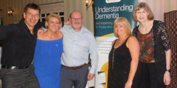 From left to right: Russell Sparshott, Nina Warden, Jason Taplin, Tracy Taplin, and charity founder and CEO Shirley Pearce, at a dinner dance to raise money for Understanding Dementia. Picture: Understanding Dementia