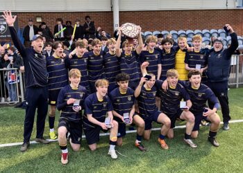 Reading Blue Coat School coach Dave Kitson and manager Kester Buckland with the triumphant Blue Coat team. IMAGE: Mark Roach / The Dave Kitson Academy