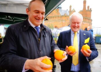 Sir Ed Davey, leader of the Liberal Democrats with Wokingham parliamentary candidate Clive Jones in Market Place Picture: Andrew Batt