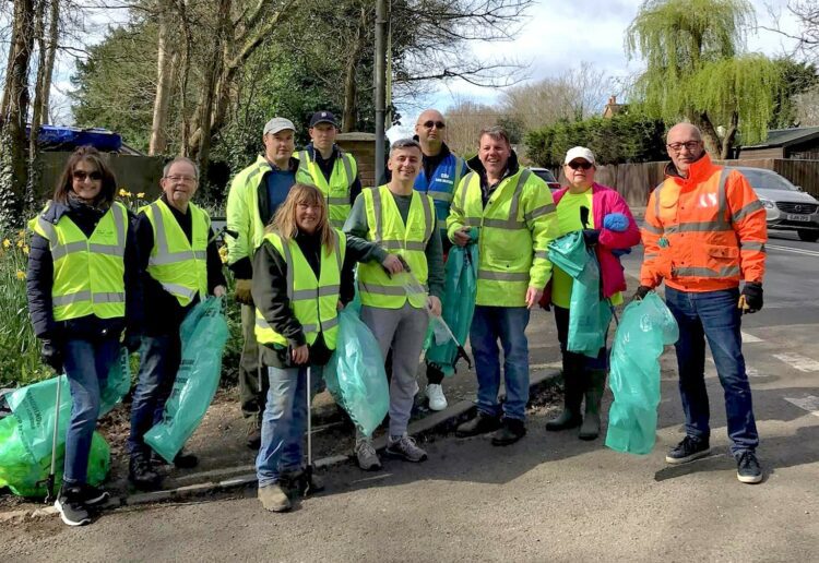 Bravely going where litter pickers fear to tread: the A4 clean-up squad including residents from the Bath Road, Blakes Lane, Milley Lane, Scarletts Lane and Tag Lane prepare for battle, led by councillor Wayne Smith (3rd from right)..