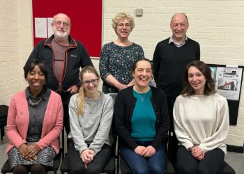 Twyford Drama?s The Mr Misty Mystery cast ? Back row: Bill Evans, Sally Gillard, Marc Reid; Front row: Kathleen Shaw, Emma Cianchi, Caroline Rose-Newport, Kirsty Miall