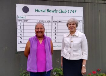 Hurst Bowling Club fundraiser Ronnie Ashley with the club's patron Theresa May