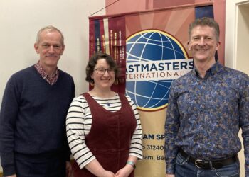 Wokingham Toastmasters group leader Graeme Hobbs with finalist speakers Elizabeth Queenan and Chris Merchant, both of whom will compete at the D91 Championships in Bristol next month. Picture: Emma Merchant