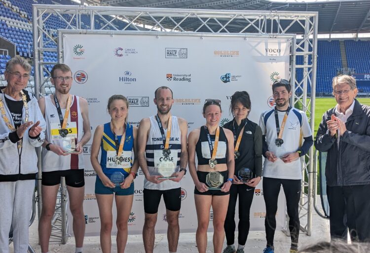 Reading Half Marathon awarded medals to those with the top three times in the Men's and Women's categories. From left: Cllr Tony Page, Tom Higgs, Rhian Hughes, Ben Cole, Kate Estela-Morris, Cassie Thorpe, Tom Higgs, and Sir John Madejski. Picture: Jake Clothier