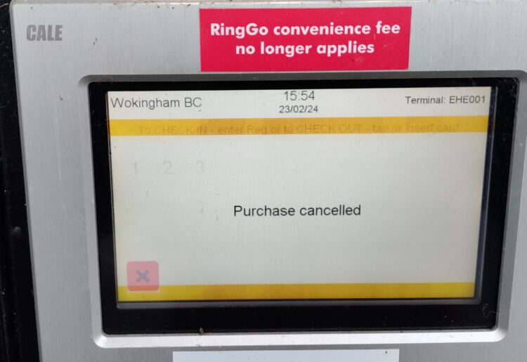 A cancelled transaction at an Easthampstead Road car park ticket machine. Credit: Brian Turner.