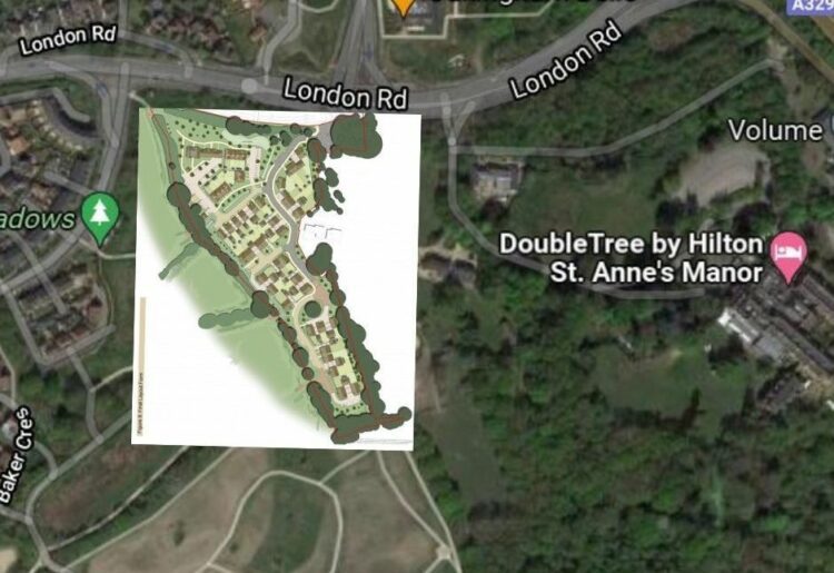 Where the 54 homes would have been built on land south of St Anne\'s Manor, just outside Wokingham. Credit: STA Associates / Beaulieu Homes / Google Maps.