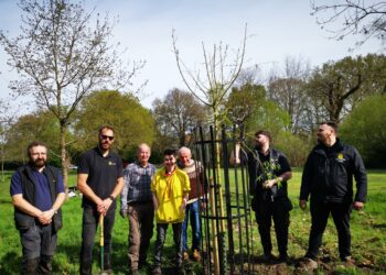 Wokingham In Bloom volunteers were joined by a team from SecureHeat to plant two willows in Joel Park, to help improve the boggy ground. Picture: Wokingham In Bloom