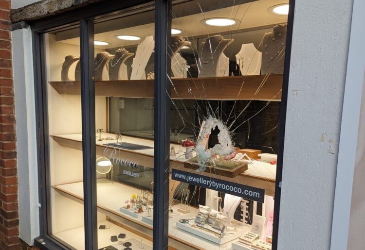 The smashed window at Rococo in Bush Walk.